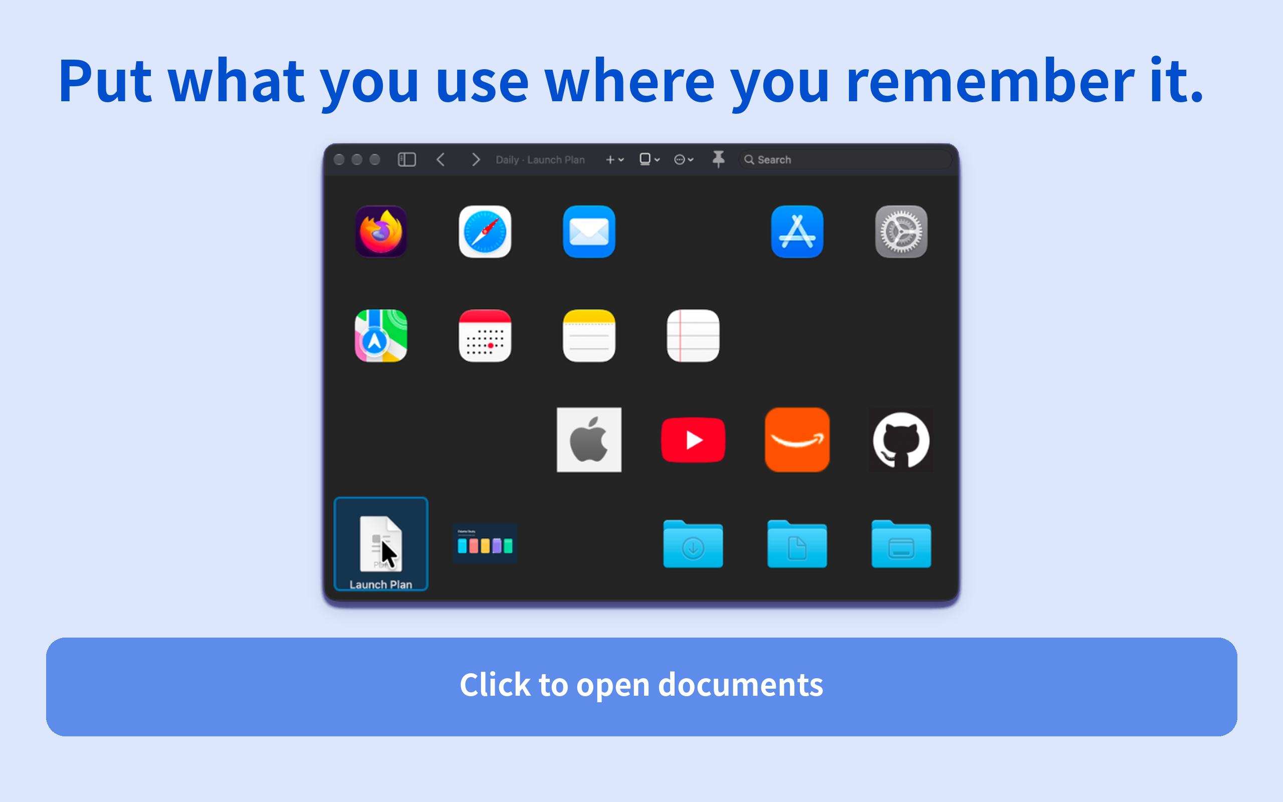 mosium grid with apps, files, folders, and websites arranged spatially
